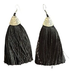 Black tassel etched design earrings dangle fringe drop earrings boho chic